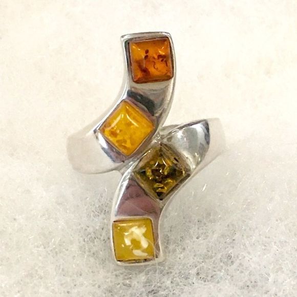 VINTAGE Amber Sterling Silver Bypass Ring Sz 9-1/2 - Picture 1 of 9